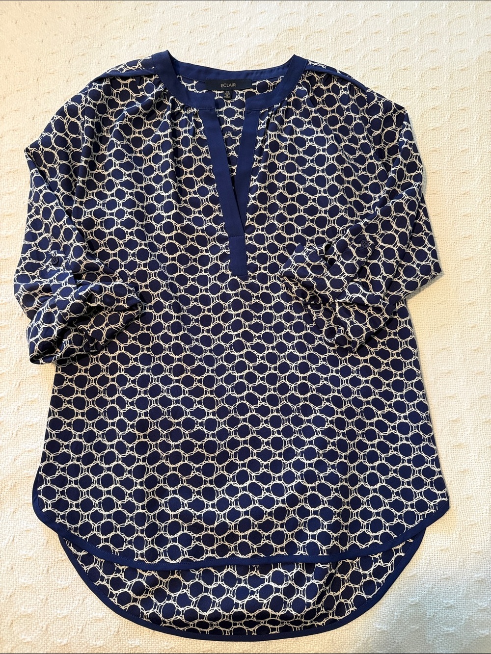 Women's Navy & White Geometric Split-Neck Blouse, XS